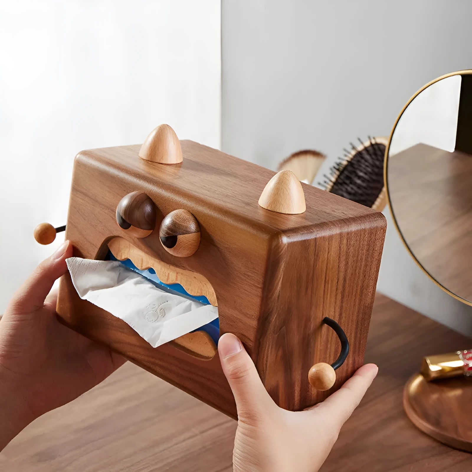 Wooden cartoon Monster tissue box organiser in Walnut Beech finish