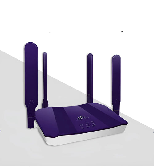 Blue 4G dual-mode router with four external antennas for wireless and wired internet connectivity