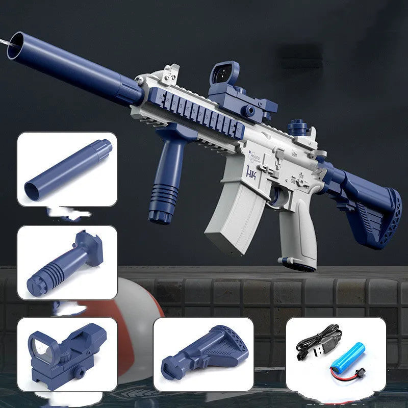 Blue electric water gun with USB charging cable and automatic straw