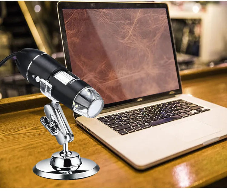 Digital microscope camera with 1000X to 1600X magnification, USB connection, and 640x480 pixel sensor