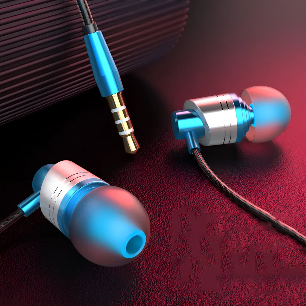 Wired in-ear headphones with 3.5mm plug and microphone in black, blue or red colours