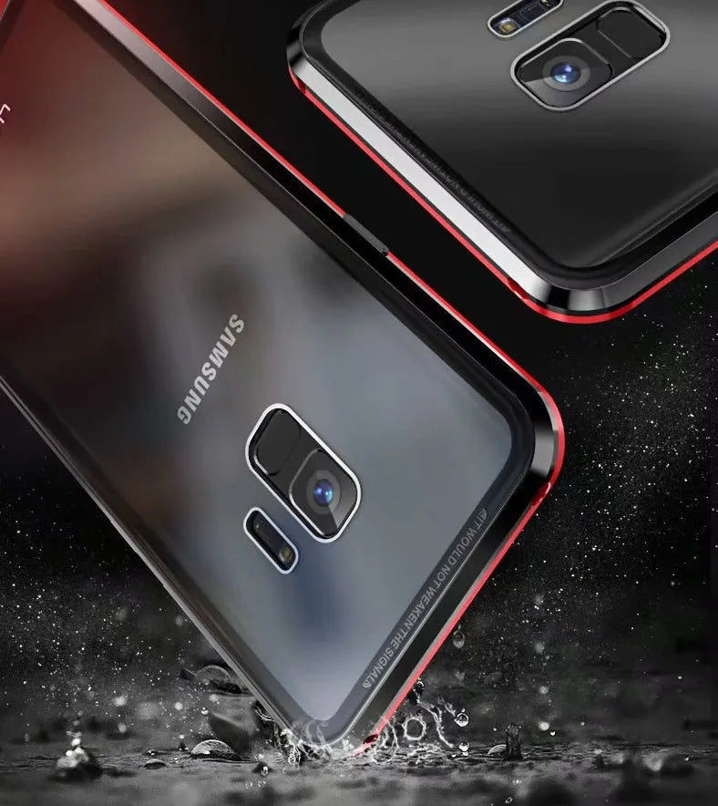 Black anti-peeping magnetic clamshell phone case for Samsung Galaxy smartphones showing closed and open views