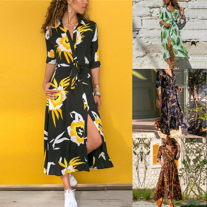 Women's long sleeve V-neck chiffon dress with A-line skirt and printed pattern.