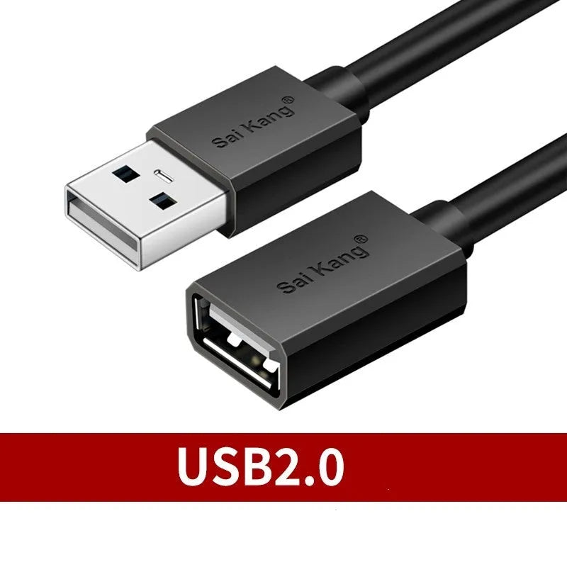 Black USB male to female extension cable showing connector details and available in multiple lengths.