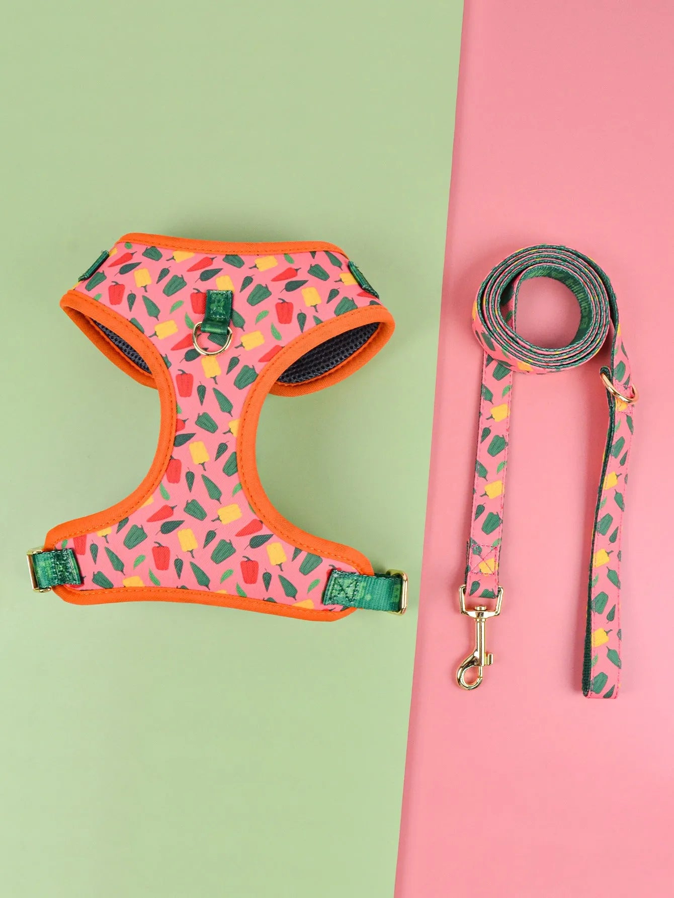 Polyester chest-back dog harness and lead set in a choice of six colourful patterns, sized for medium and large dogs.