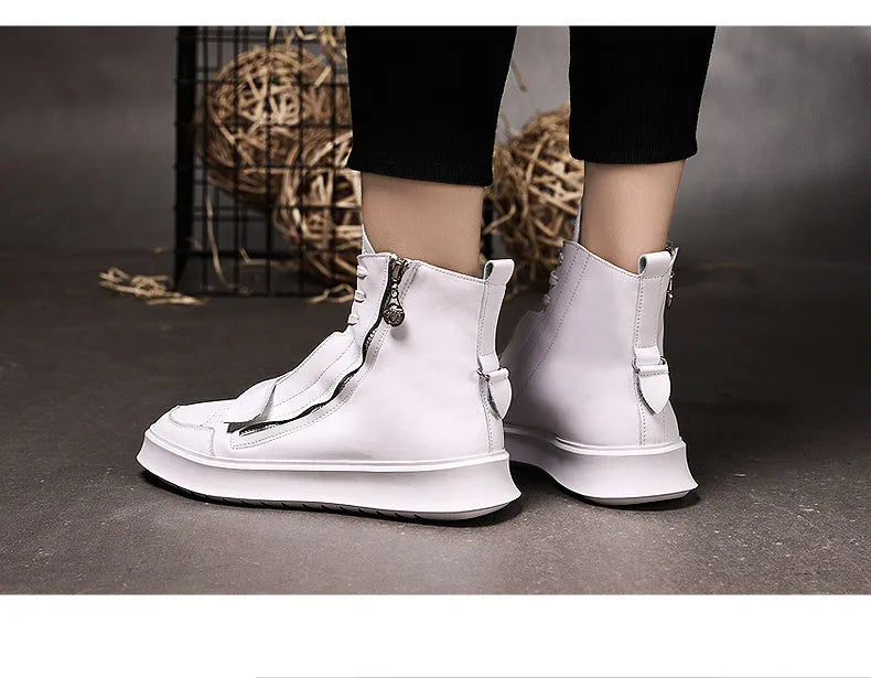 Men's black and white high-top sneaker style winter ankle boots made from PU leather microfiber.