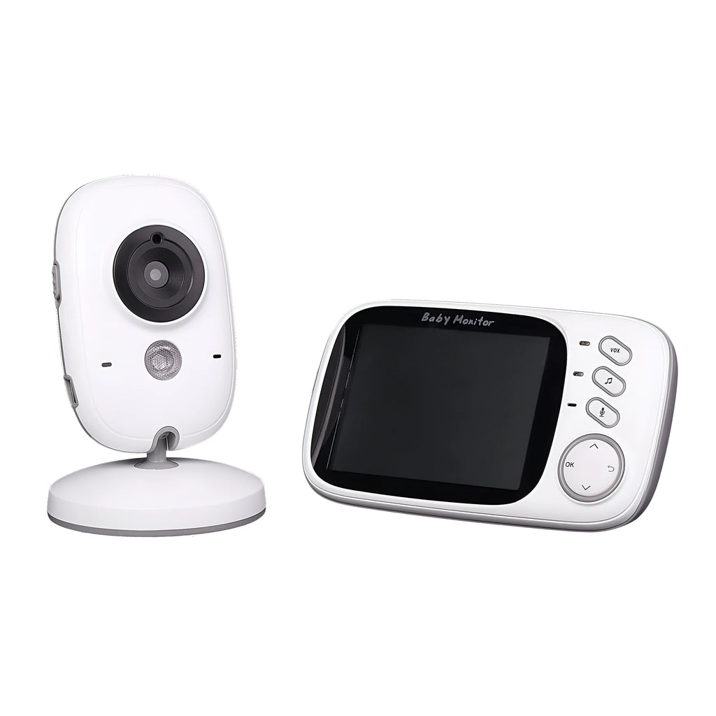VB603 digital baby monitor showing parent unit with 3.2" colour screen and compact camera with night vision LEDs.