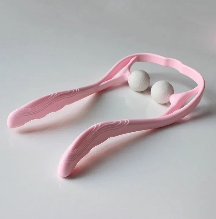 Blue plastic neck massager with hand roller and bracket for pressure point therapy on neck and shoulders