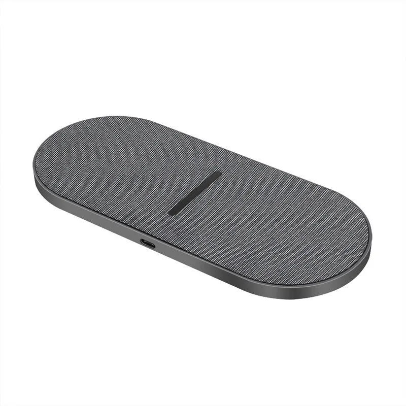 Black dual-pad 10W wireless fast charger for mobile phones with LED lights.