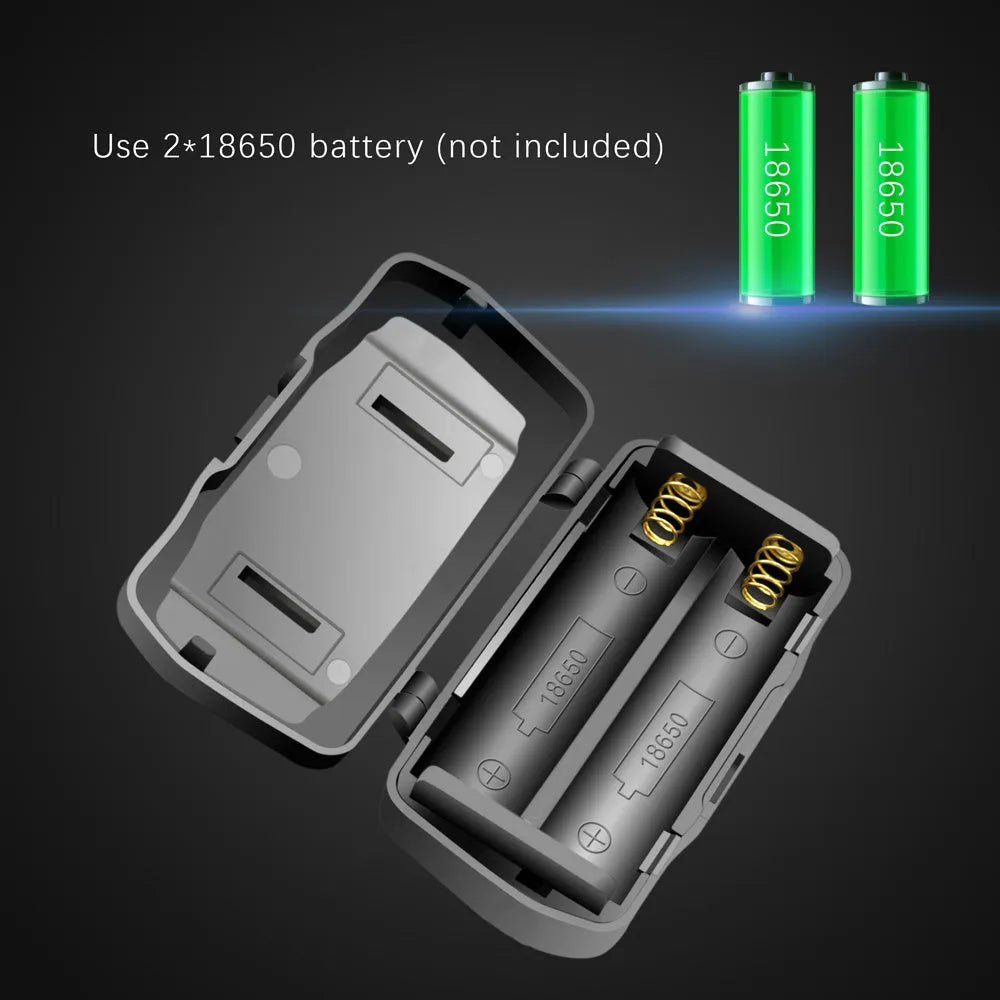 T6 LED headlamp with white red and green lights showing zoomable focus and rechargeable 18650 battery design
