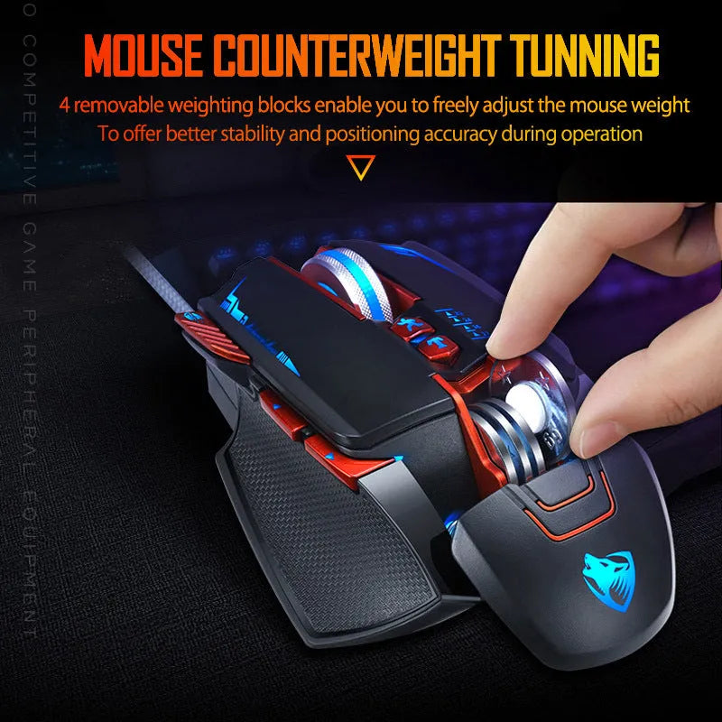 Thunder Wolf V9 black wired gaming mouse showing six buttons and ergonomic shape on mouse pad