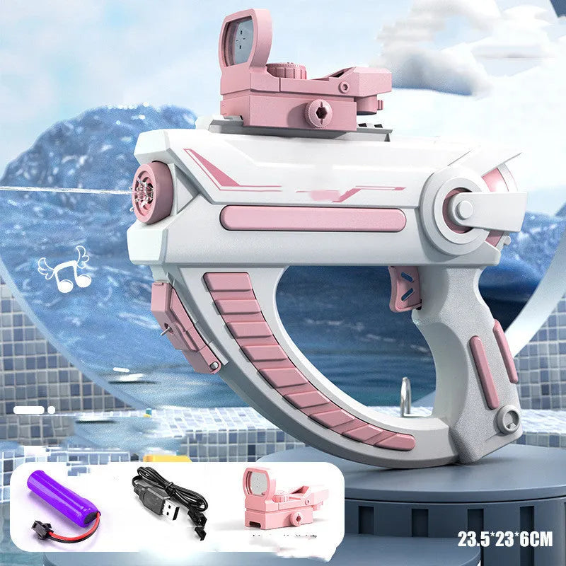 Blue electric water gun with USB charging cable and automatic straw