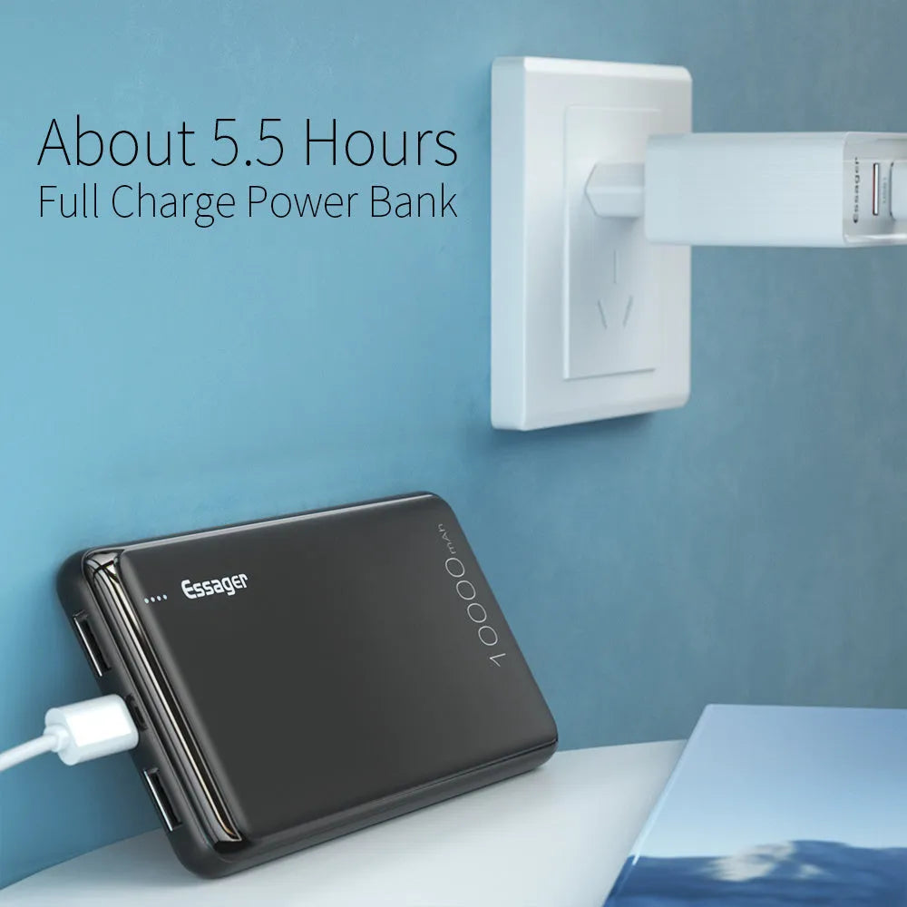 Essager Small Jane black 10000mAh power bank showing dual USB ports and LED indicators