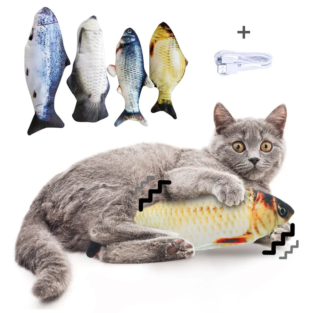 Multicolor USB rechargeable electric jumping fish cat toy measuring 30cm long