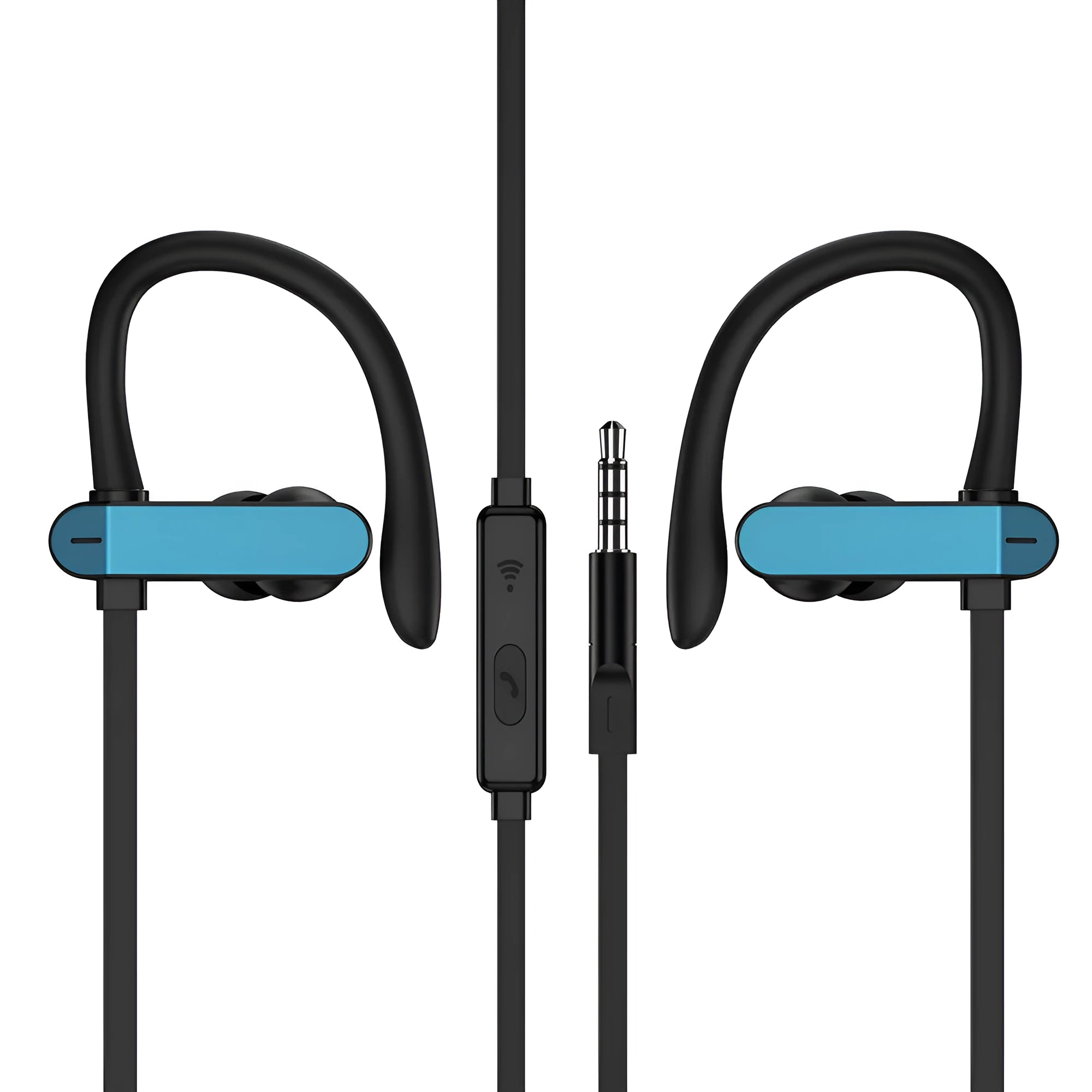 PTM TS27 compatible sport running earphones with black ear hook and silicone earbuds, showing microphone on cable