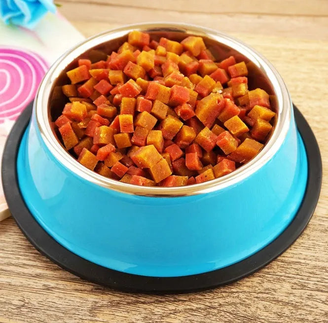 Stainless steel pet bowl with colourful melamine outer pot and non-slip rubber base