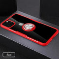 Black iPhone case with integrated car holder on the back, showing button cut-outs and PU leather texture.