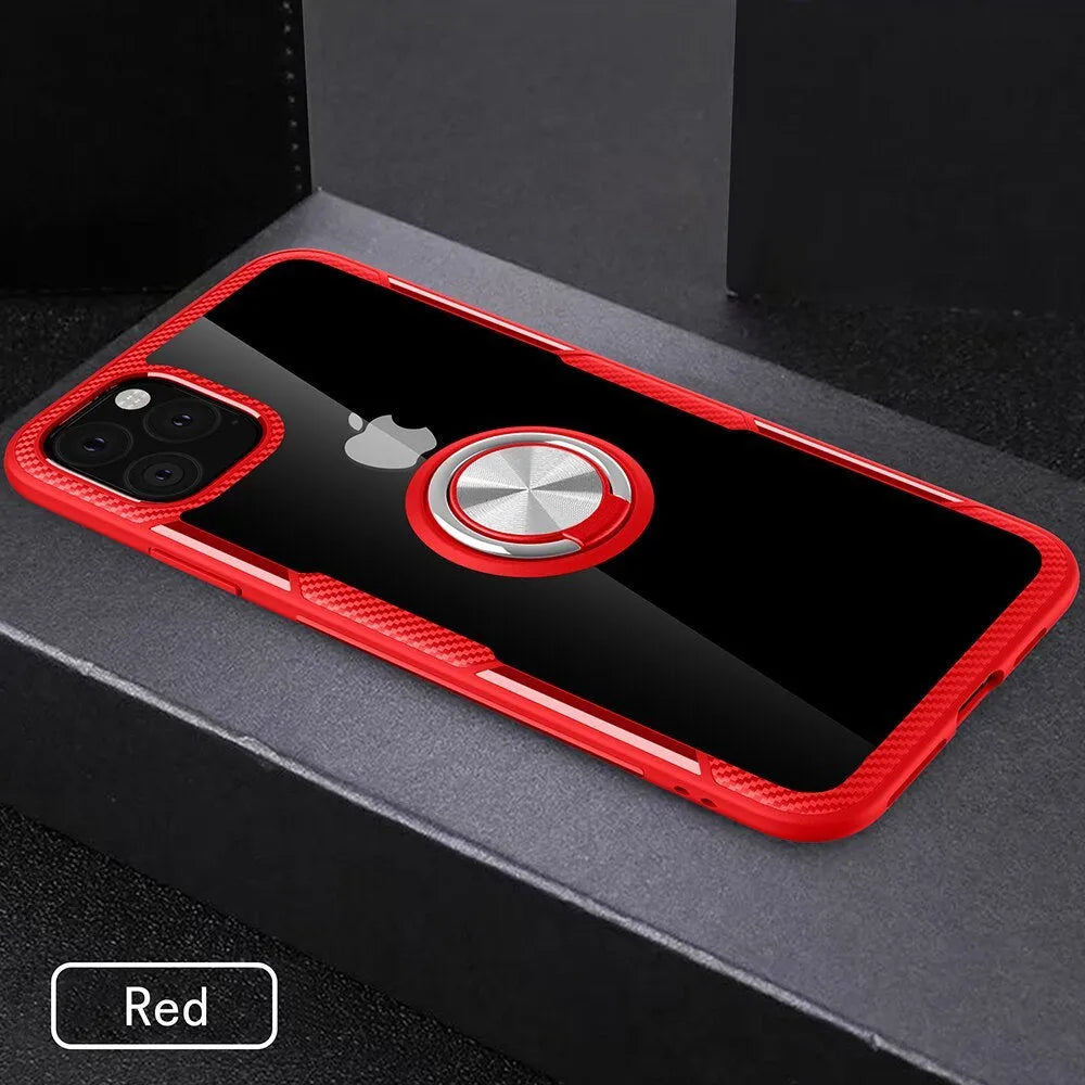 Black iPhone case with integrated car holder on the back, showing button cut-outs and PU leather texture.