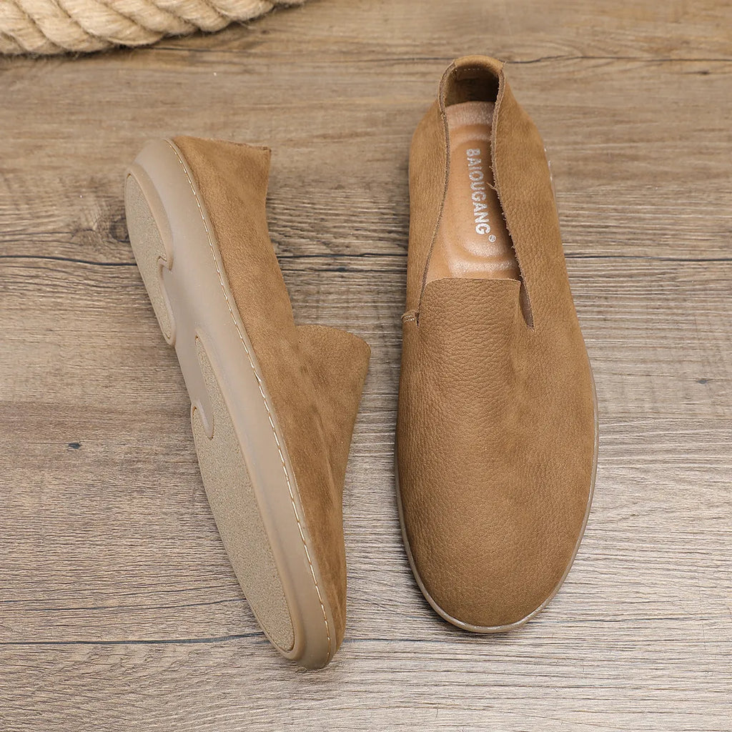 Handmade men's casual shoes in khaki and grey with cowhide upper and wedge heel design