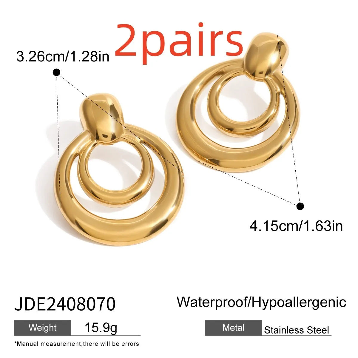Golden round stud earrings with double-layer hollow geometric design on titanium steel