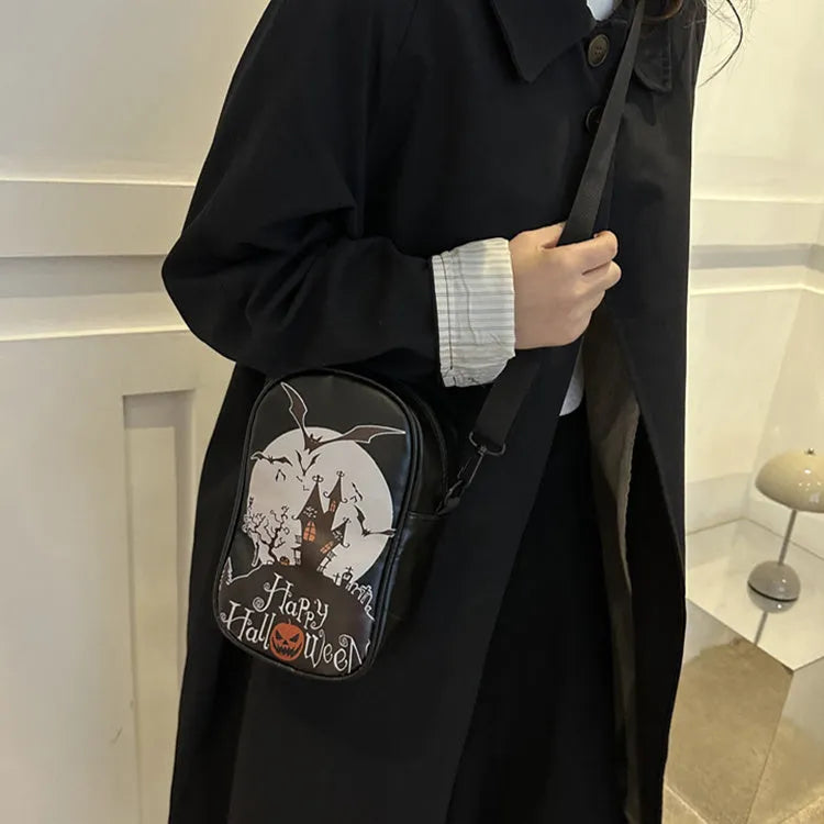 Halloween graffiti mini crossbody phone bag with cartoon pumpkin ghost bat print in black colour