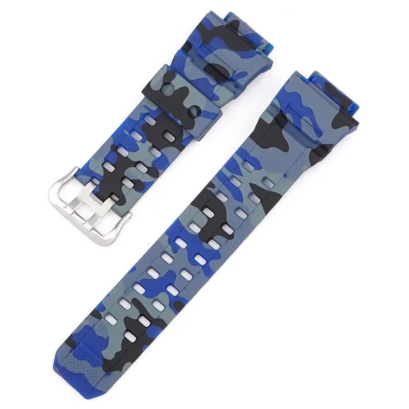 Camouflage pattern TPU watch strap with silver buckle closure shown in multiple colour options