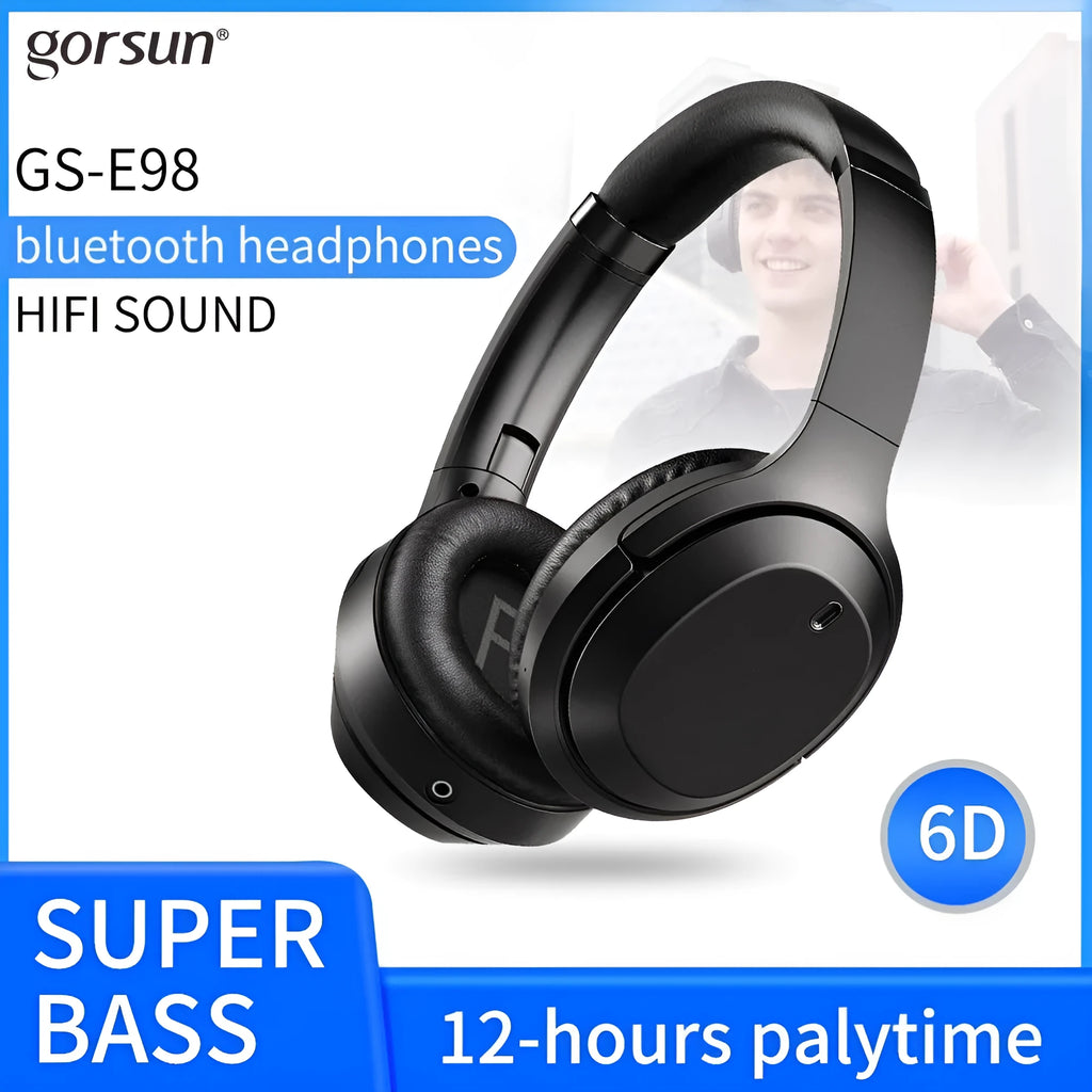 Black Gorsun E98 over-ear wireless Bluetooth headphones showing padded headband and memory-protein ear cushions