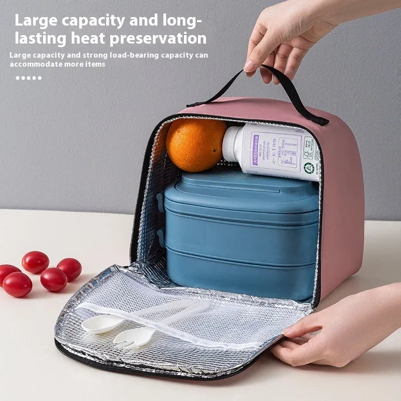 Insulated lunch bag with bento compartment in textured cloth material