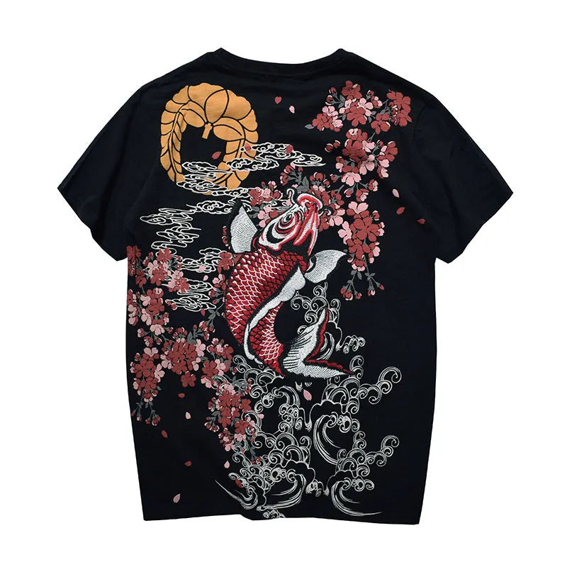 Embroidered men's cotton T-shirt in black with subtle embroidery on front