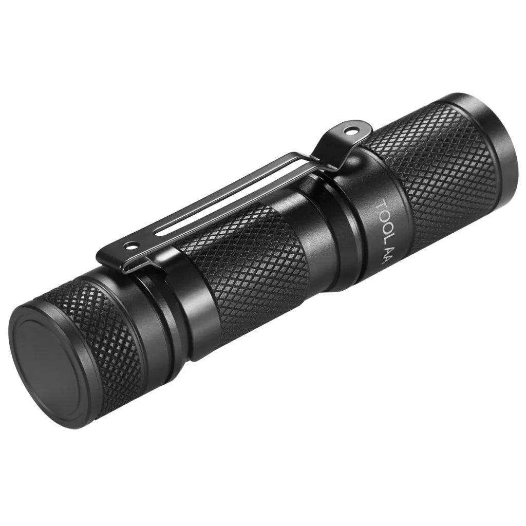 Lumintop Tool AA2.0 black keychain flashlight with tail switch and pocket clip on white background