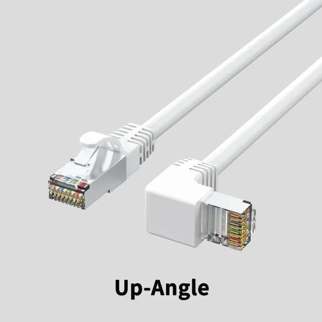 Cat6 Ethernet cable with angled RJ45 connectors in various colours and lengths on a grey background