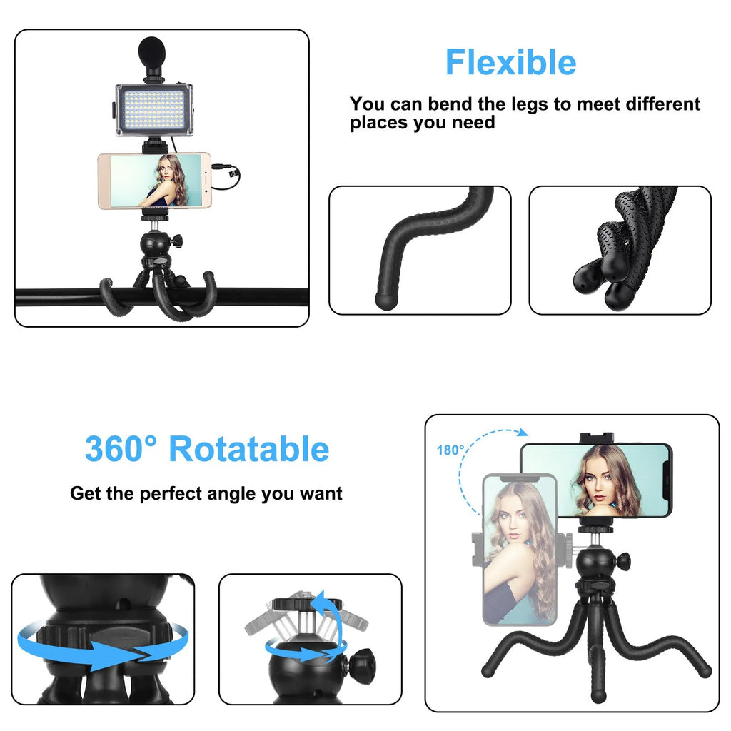 Black octopus-style flexible tripod with fill light and microphone for iPhone live broadcasting