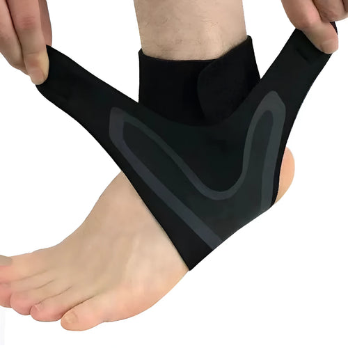 Adjustable ankle support brace for sprain recovery in black for left or right foot sports use