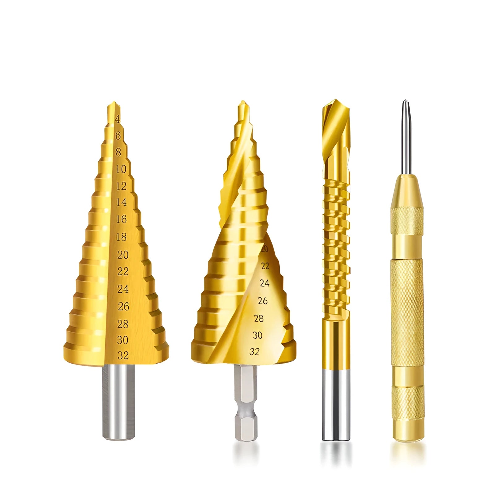 High-speed steel cone step drill bits and a centre punch set on a workshop bench