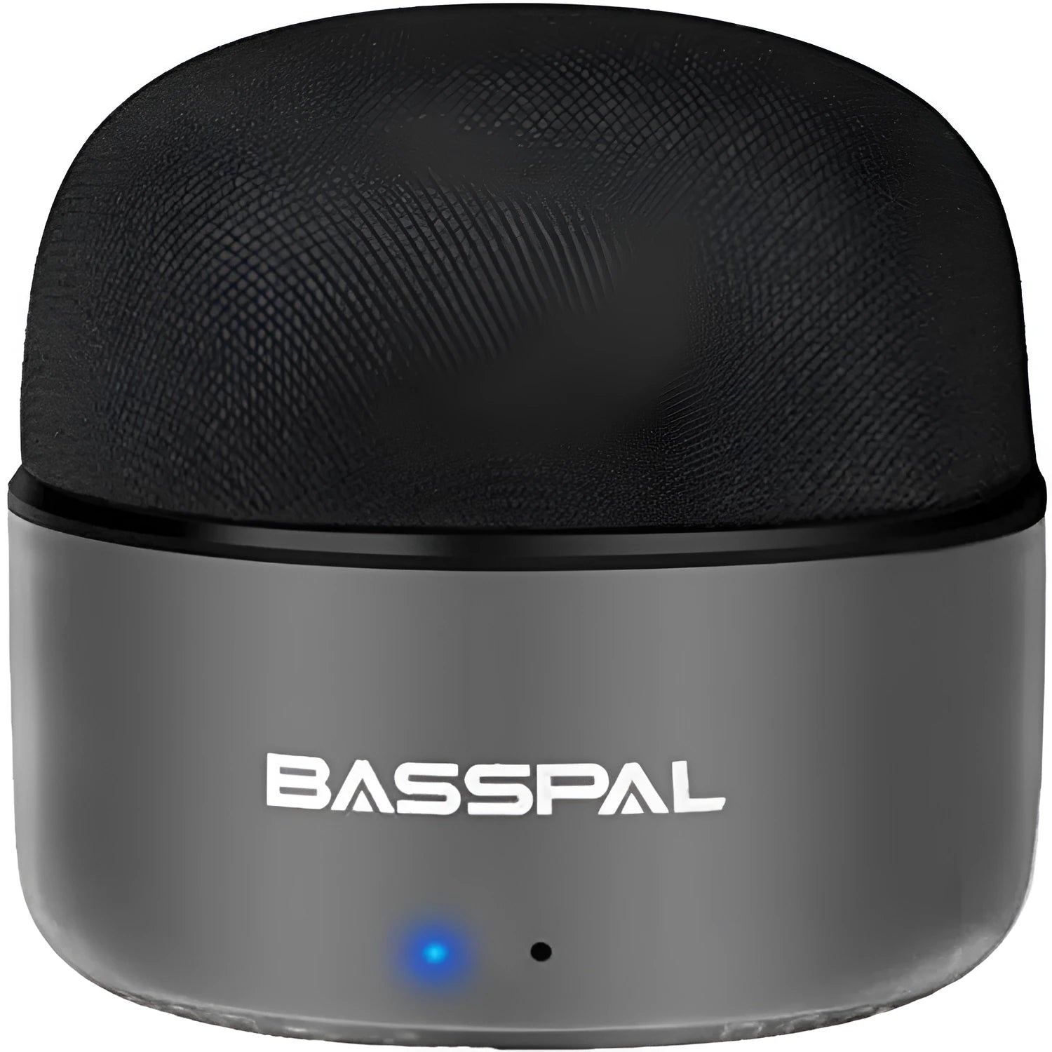 Small black waterproof portable Bluetooth speaker with control buttons.