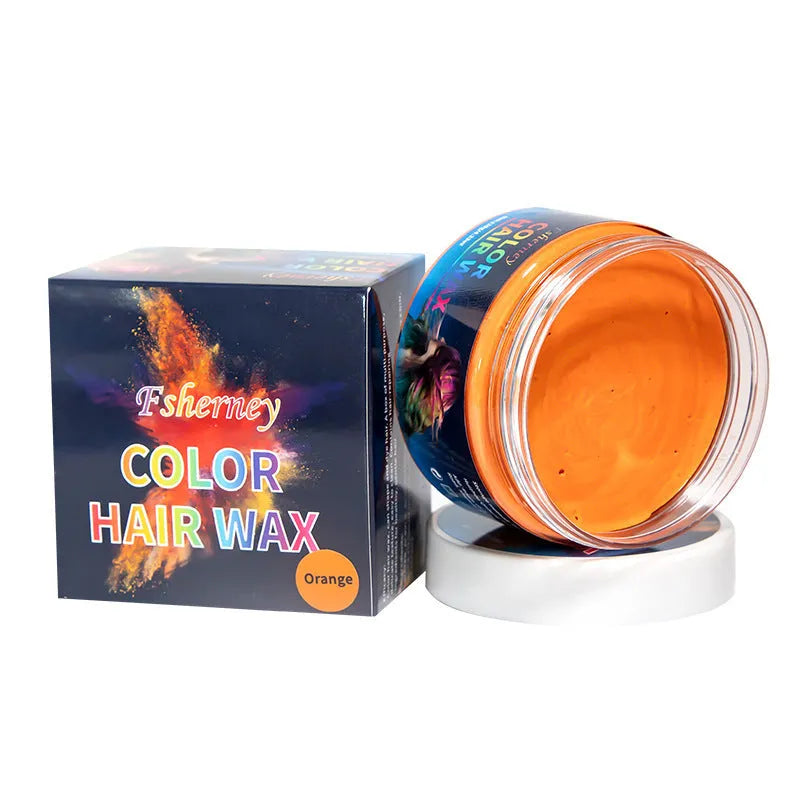 120g jar of hair styling clay showing colour options: blue, green, orange, red, white, yellow, purple, rose, granny grey.