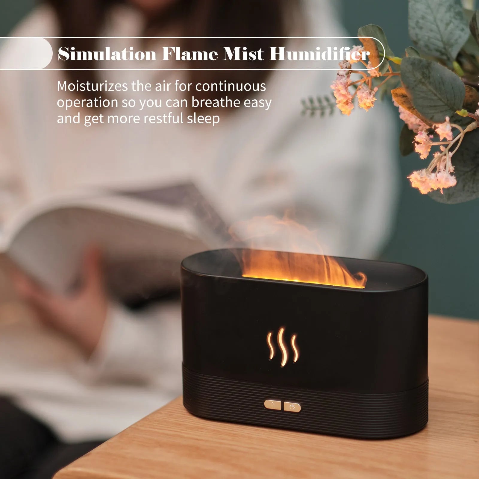 Square 180ml ultrasonic aroma diffuser with flame LED light in black, on a desk with visible mist