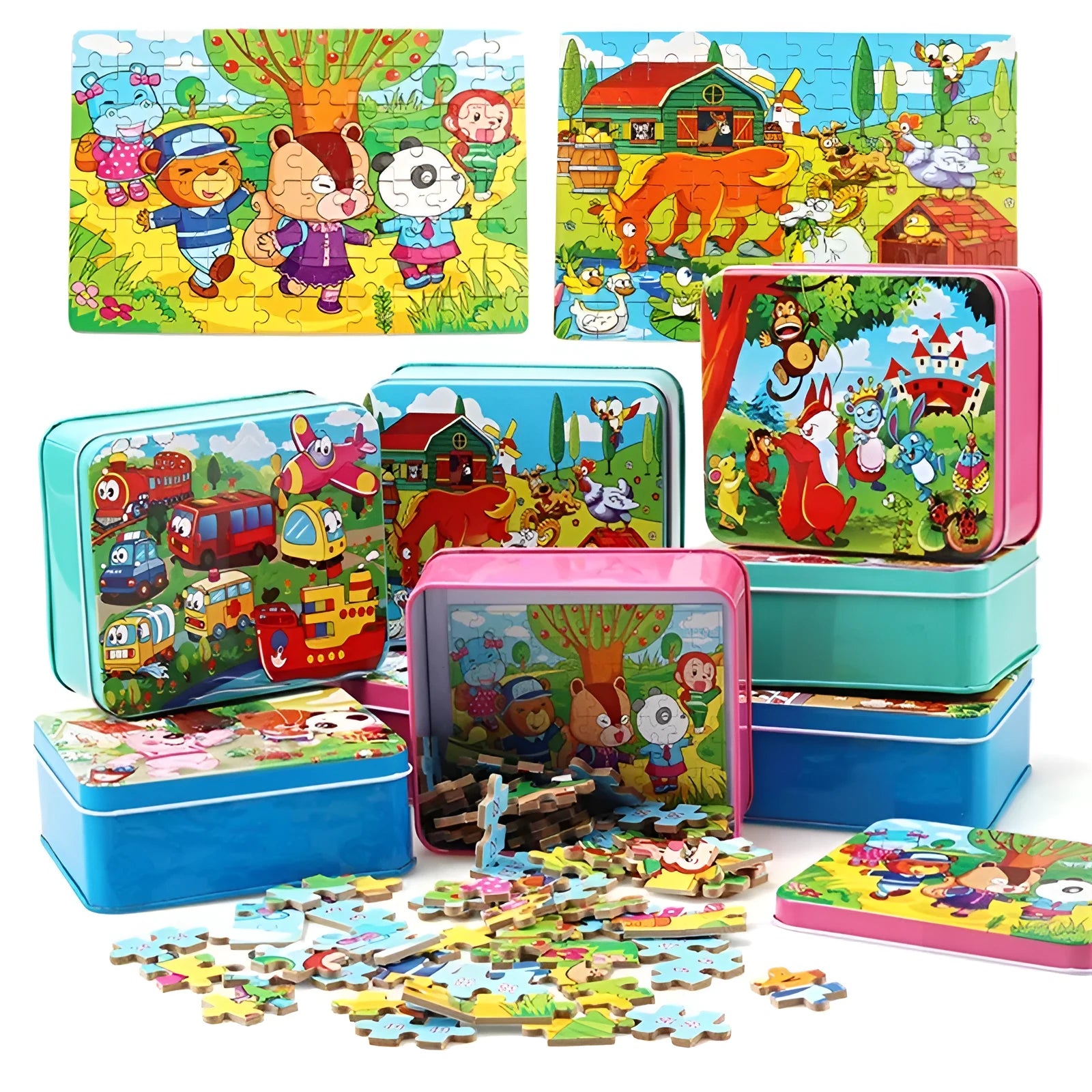 80-piece wooden animal puzzle set in iron box, designed for children aged 3 and over, featuring bear and riding themes