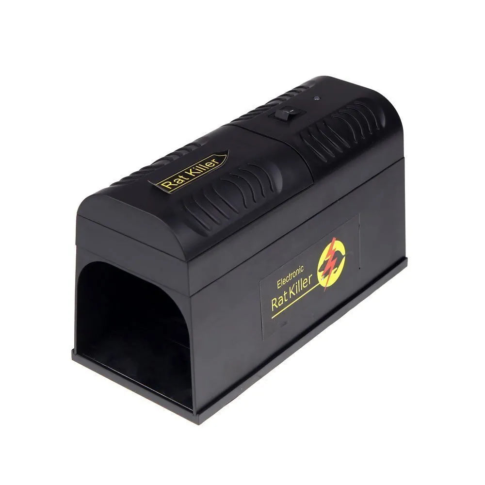 Black electronic rodent killer with high voltage trigger measuring 208mm x 115mm x 75mm