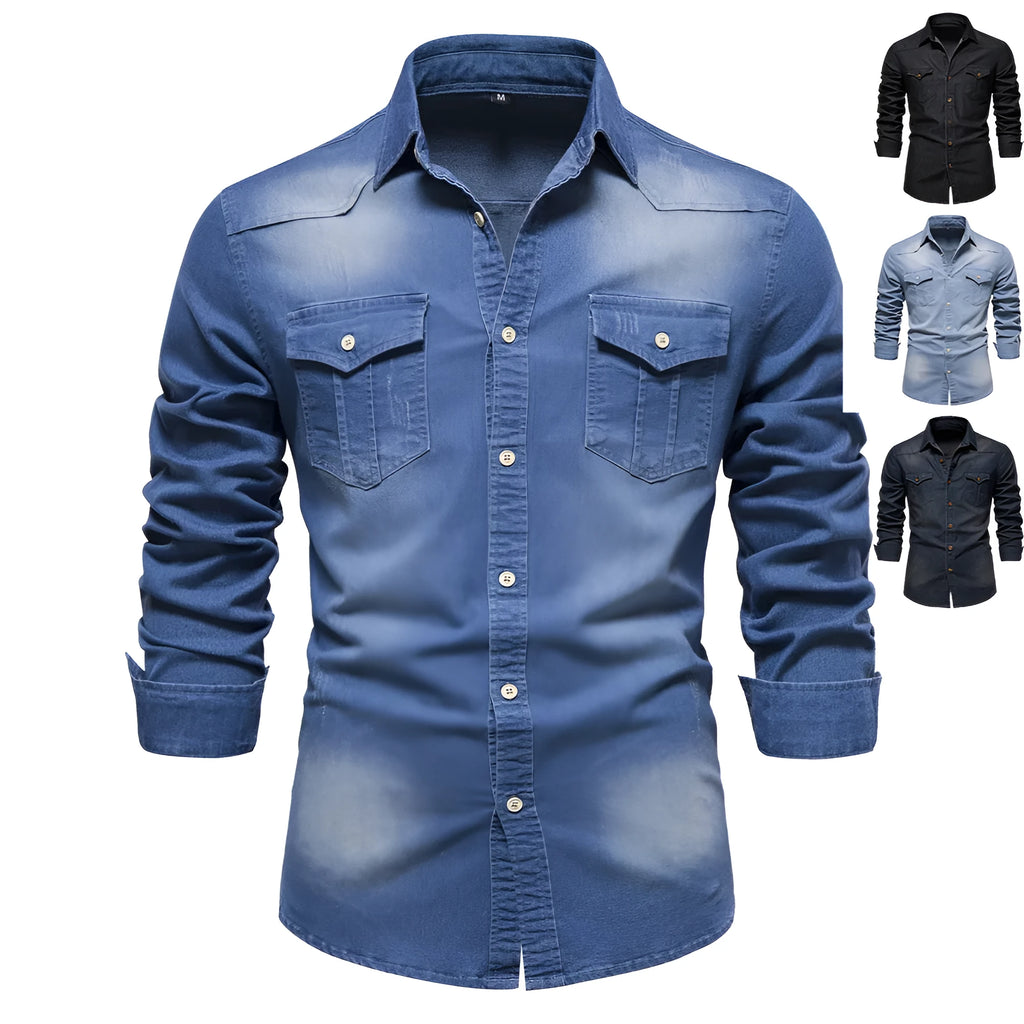 Men's long-sleeved slim fit denim shirt in solid colour cotton casual top