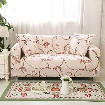 Geometric patterned stretch sofa slipcover fitted on a modern two-seater sofa.