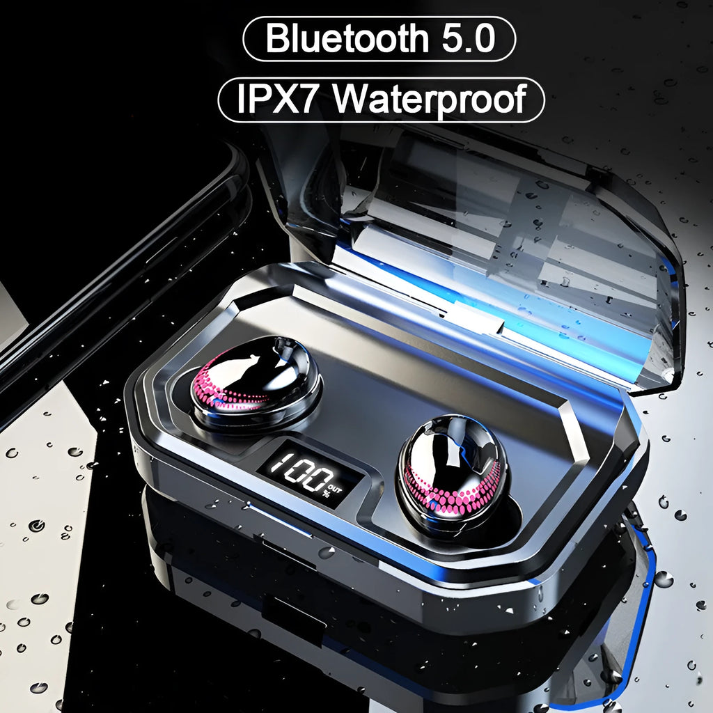 Black X10 wireless Bluetooth earbuds and charging case on a white background
