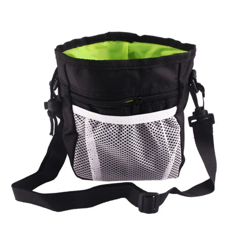 Dog treat pouch in red Oxford cloth with drawstring closure and detachable belt buckle, 18x14x6cm