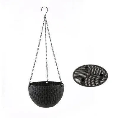 Plastic hanging basket planter with chain in one of seven colours, showing inner pot.
