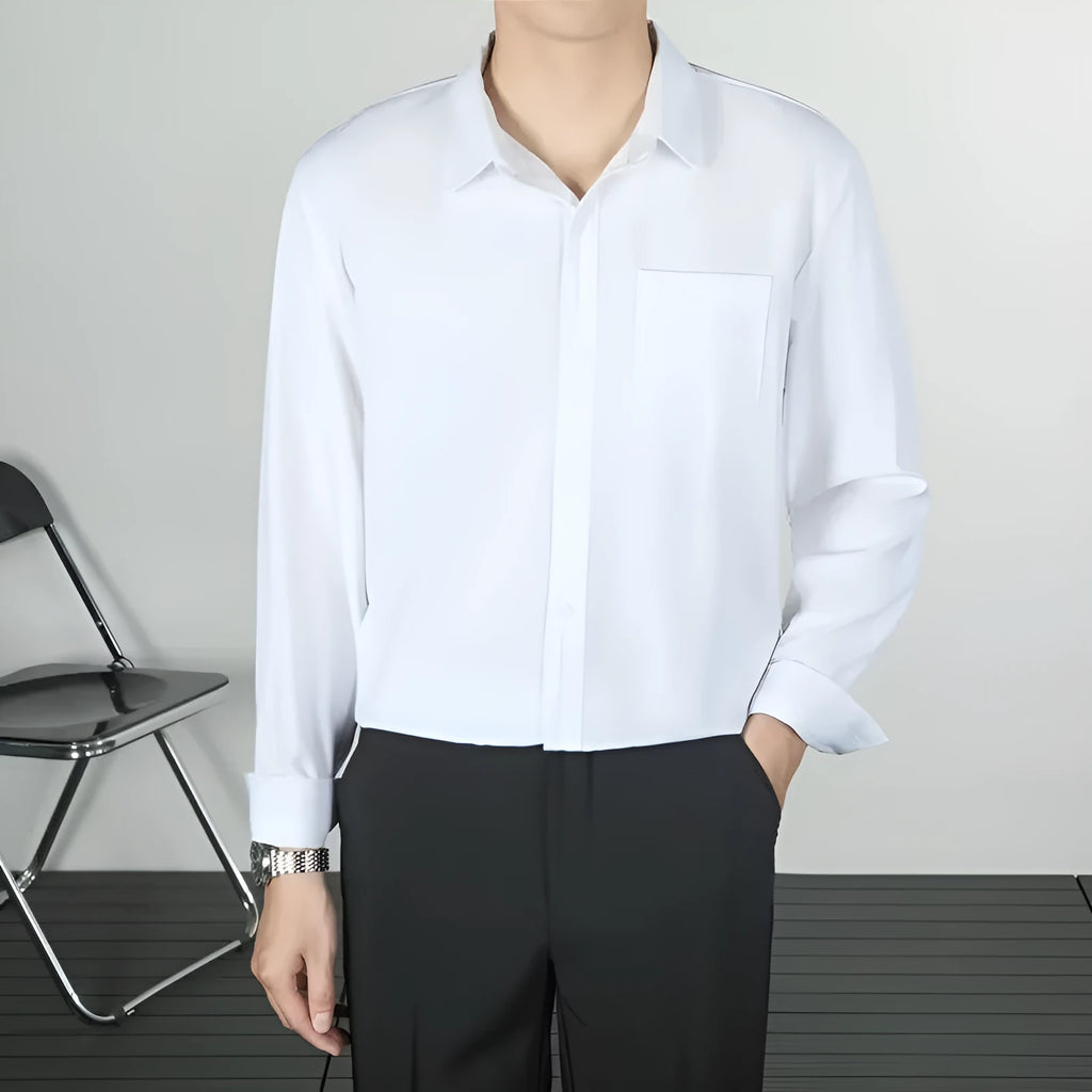 Korean-style loose long-sleeved linen men's shirt in solid colour, wrinkle-free finish, front view