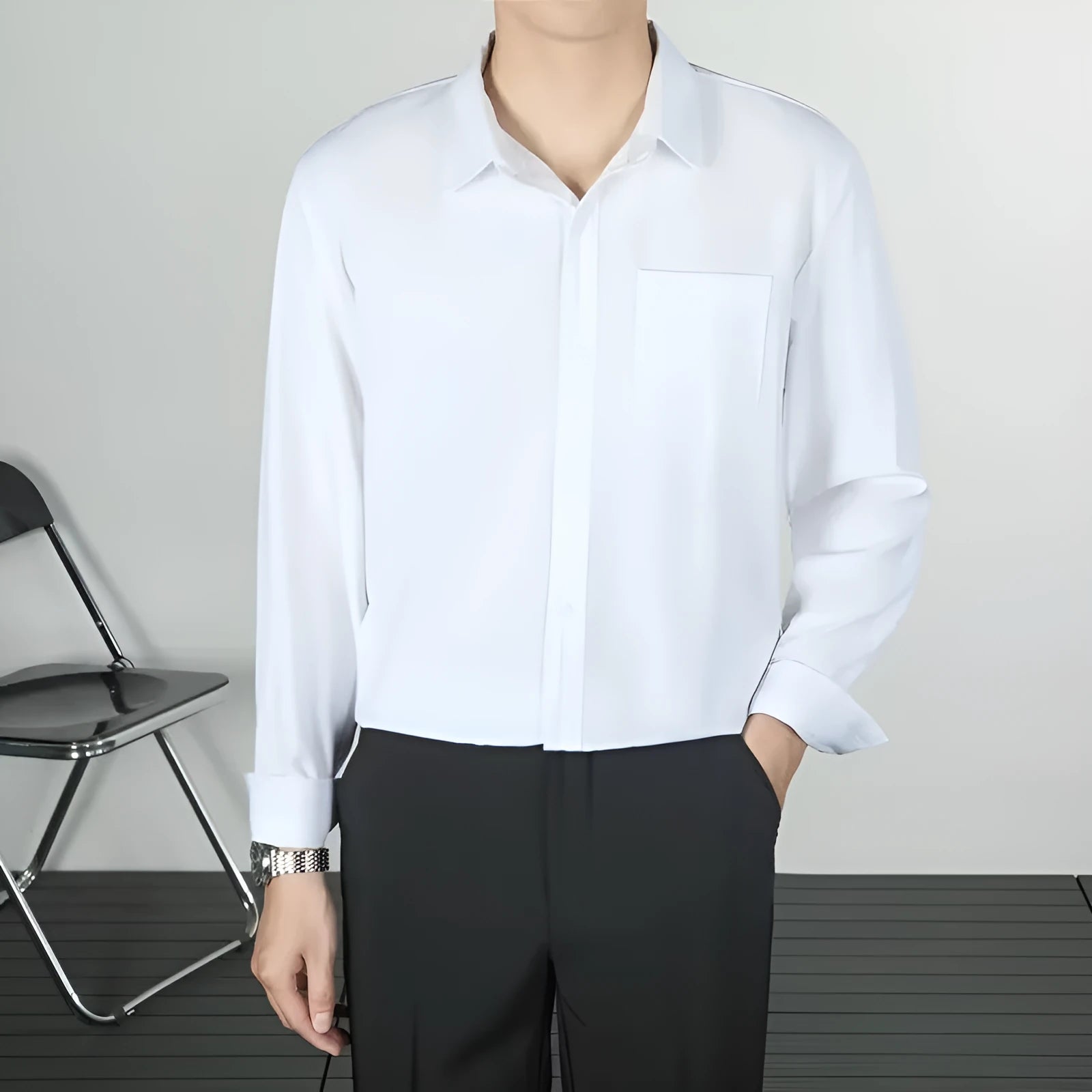 Korean-style loose long-sleeved linen men's shirt in solid colour, wrinkle-free finish, front view
