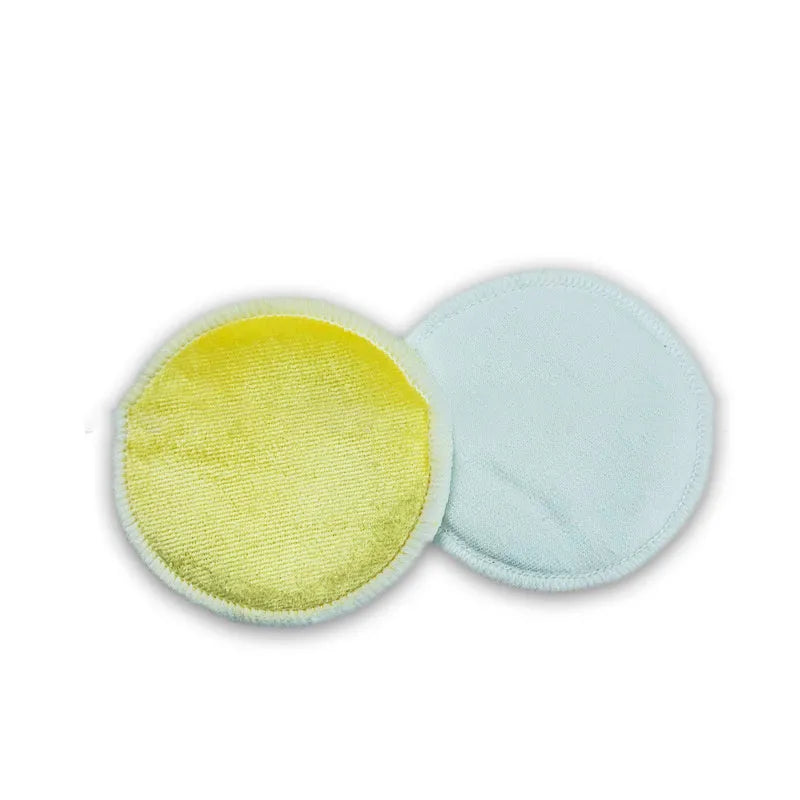 Set of red and blue velvet makeup remover pads next to a cotton mesh storage bag
