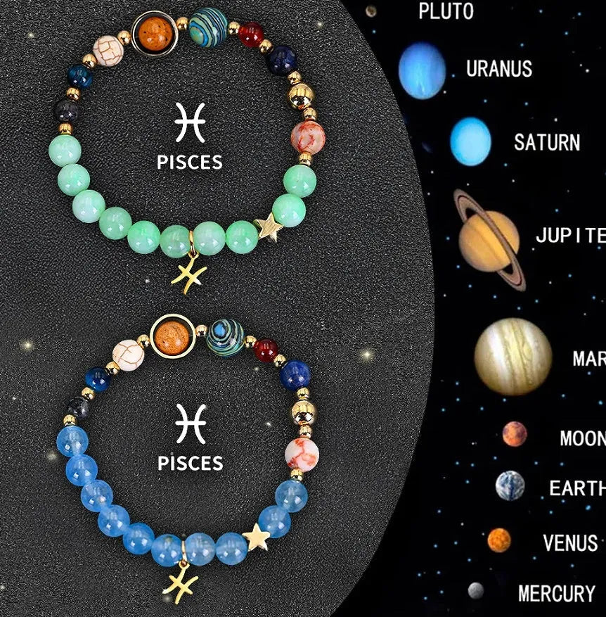 Two natural stone beaded bracelets with Chinese zodiac animal designs on elastic wristbands.