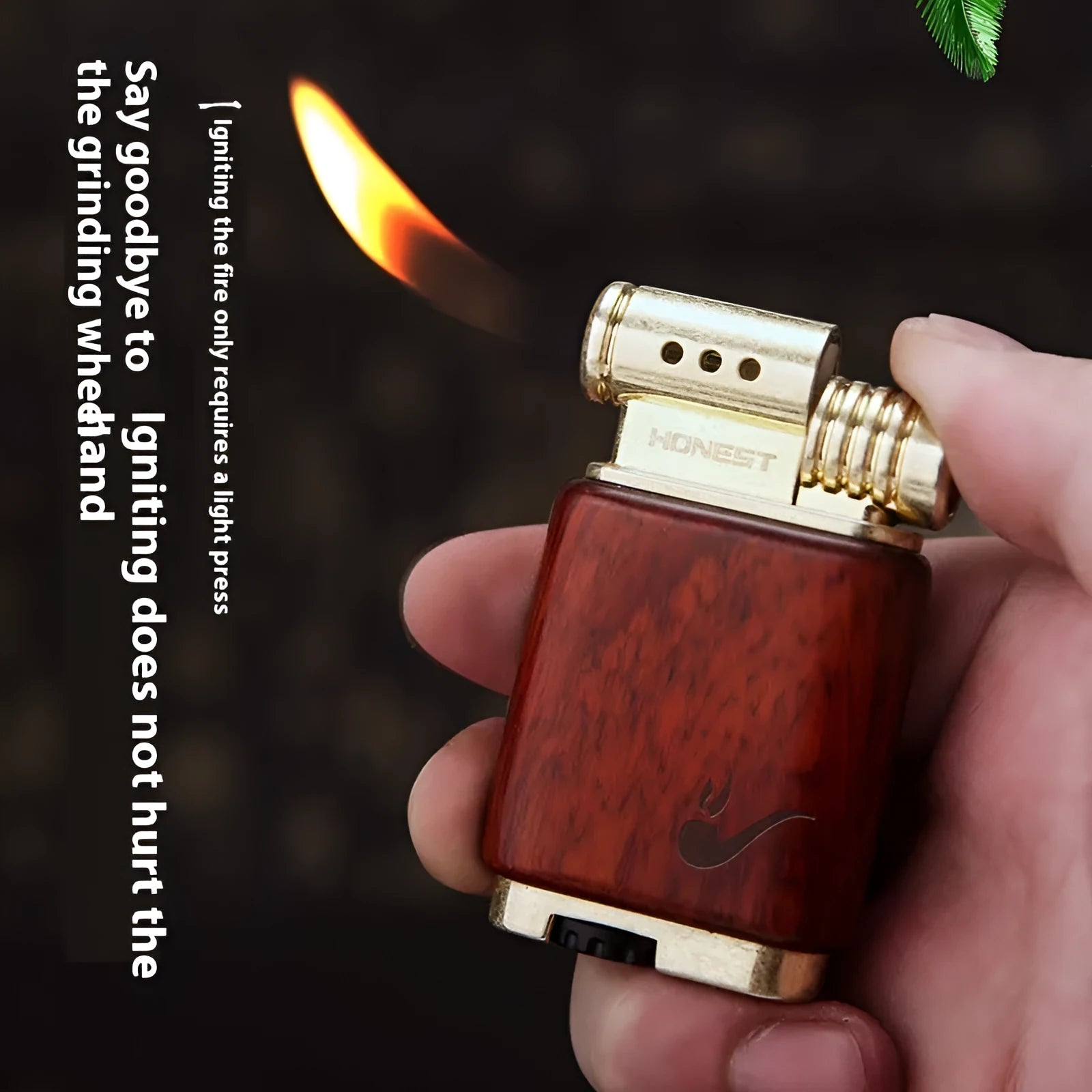 Gas lighter with wooden decorative surfaces including Black Wood and Rosewood designs