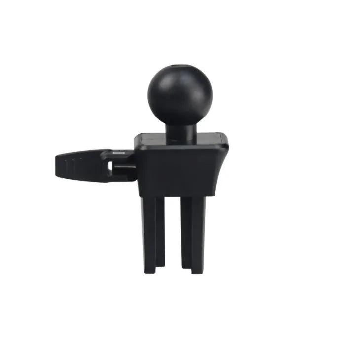 Black plastic car mobile phone holder mounted on air conditioning vent with adjustable arms gripping smartphone